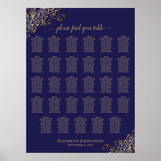 29 Table Wedding Seating Chart Navy Blue & Gold Poster (Vorne)