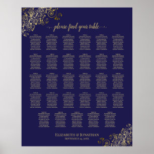 29 Table Wedding Seating Chart Navy Blue & Gold Poster