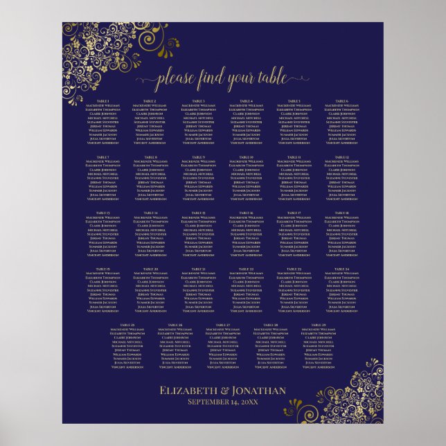 29 Table Wedding Seating Chart Navy Blue & Gold Poster (Vorne)