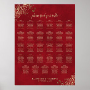 29 Tisch Elegante Rot- und Gold-Hochzeits-Sitzordn Poster