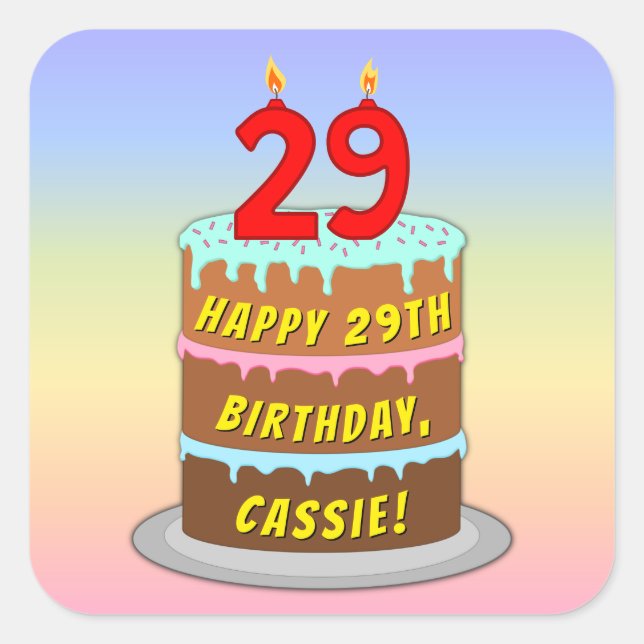 29th Birthday: Fun Cake and Candles + Custom Name Quadratischer Aufkleber (Vorderseite)