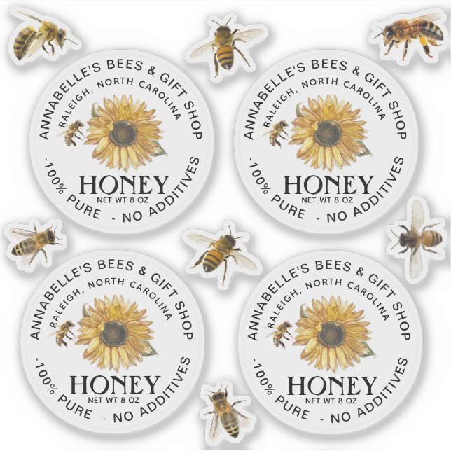 2,5" Clear Honey Label mit Sonnenblumen und Bienen (Vorderseite)