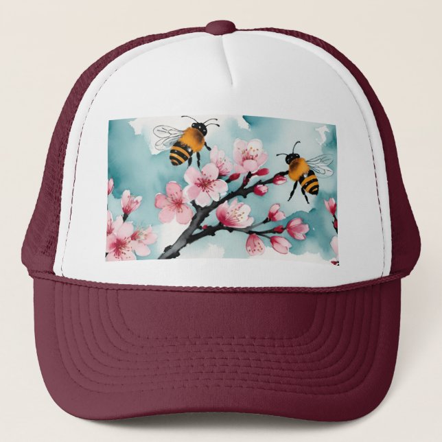2 Adorable Hummeln und Rosa Kirschblüten Truckerkappe (Vorderseite)