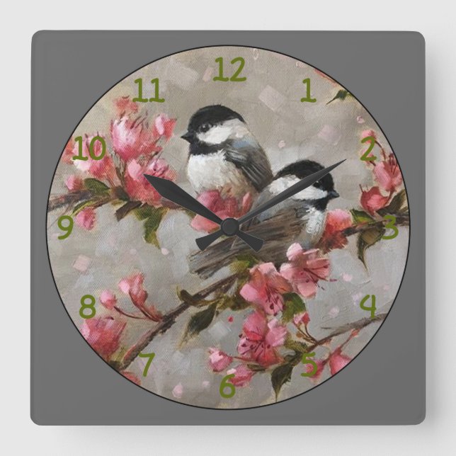 2 Beautiful Song Birds Quadratische Wanduhr (Vorderseite)