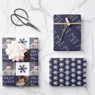 2 benutzerdefinierte Fotos Schneeflocke Merry Joll Geschenkpapier Set