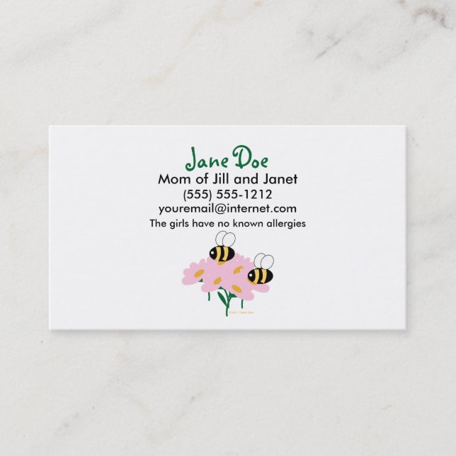 2 Bienen u. rosa Blumen zentriert Telefonnummerkarte (Vorderseite)