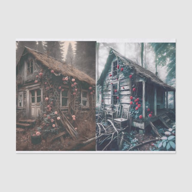 2 Bilder des alten Hauses im Holzdekoupage Seidenpapier (Vorderseite)