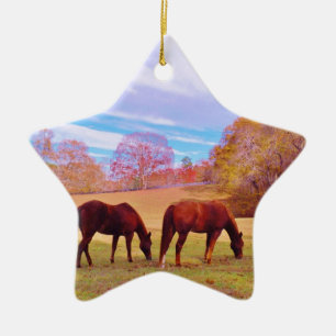 2 Braune Pferde in einem farbigen Feld Keramikornament