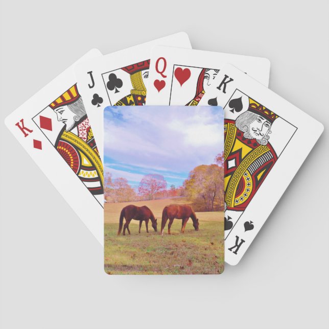 2 Braune Pferde in einem farbigen Feld Spielkarten (Rückseite)