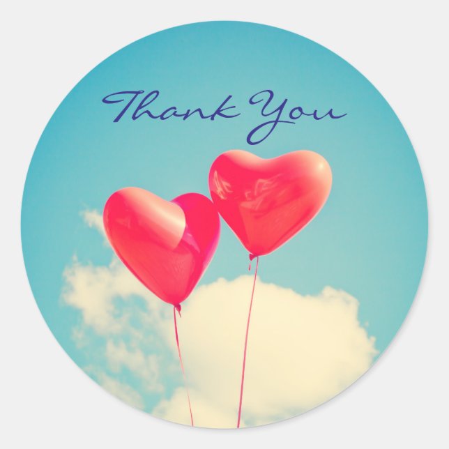 2 Bright Red Heart Shaped Ballons Danke Runder Aufkleber (Vorderseite)