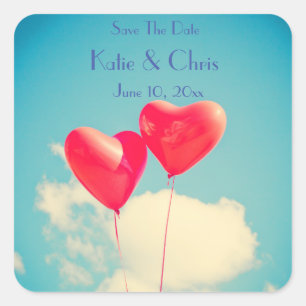 2 Bright Red Heart Shaped Ballons Save the Date Quadratischer Aufkleber