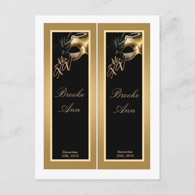 2 Buchmarken Mis XV Gold Black Party Einladungspostkarte (Vorderseite)