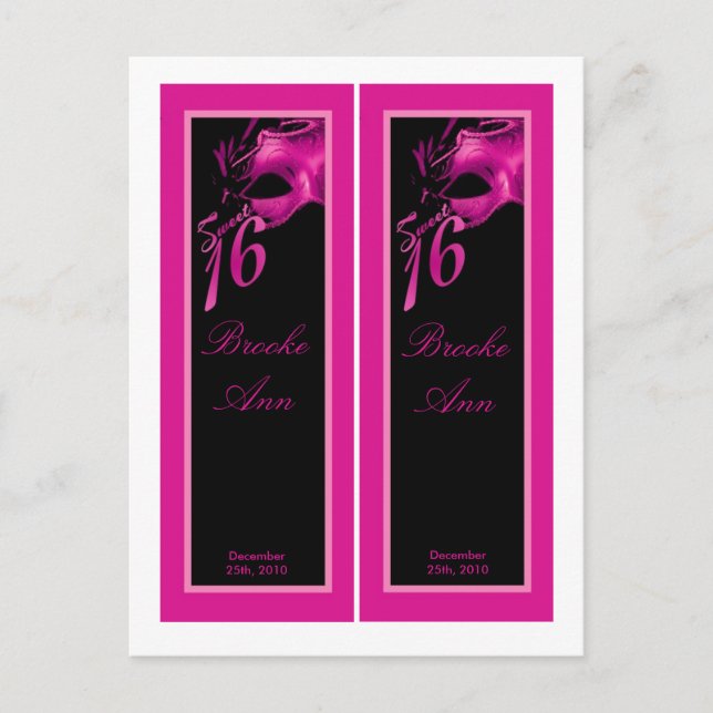 2 Buchmarken Sweet 16 Hot Pink Black Party Einladungspostkarte (Vorderseite)