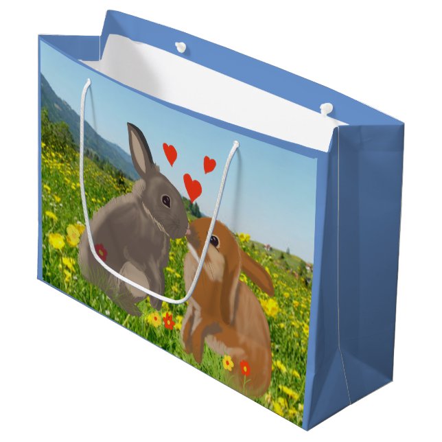 2 Bunnies Küssen in einer Blume Wiese Große Ostern Große Geschenktüte (Vorderseite Schrägansicht)
