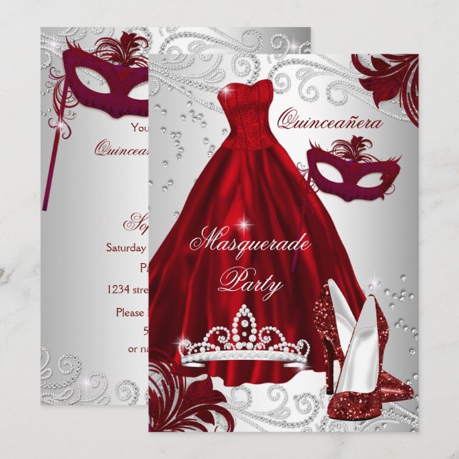 2 Burgundy Silver Dress Masquerade Quinceanera Einladung (Vorne/Hinten)