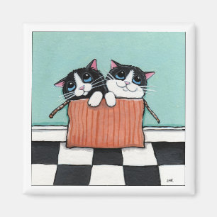 2 chats Tuxedo dans une boîte   Magnet d'art