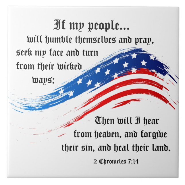 2 Chroniken 7:14 Schrift, amerikanische Flagge Fliese (Vorderseite)
