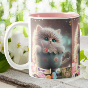 2 Couleurs Chat mignon assis dans une tasse personnalisée
