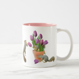 2 Couleurs Écureuils avec la tasse de tulipes