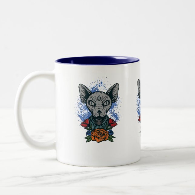 2 Couleurs Sphinx chat avec tasse de café-fleurs. (Gauche)