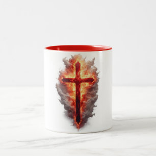 2 Couleurs Tasse à café avec croix chrétienne enflammée
