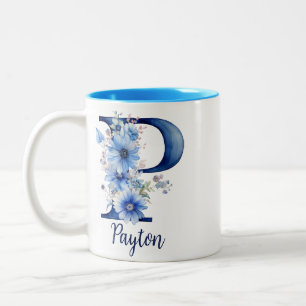 2 Couleurs Tasse à café bleu floral monogrammé 11 oz