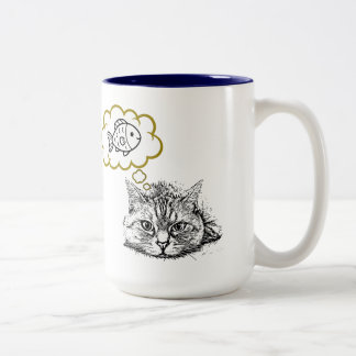 2 Couleurs Tasse à café dessinée à la main avec un chat rêvan