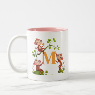 2 Couleurs Tasse avec singes mignons modernes et initiale ros