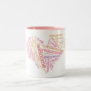 2 Couleurs Tasse bienvenue de coeur (beaucoup de langues)