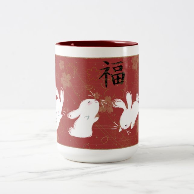 2 Couleurs Tasse chanceuse de lapins (rouge) (Centre)