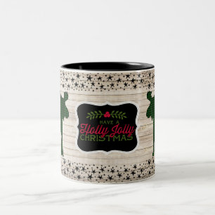2 Couleurs Tasse gaie de Noël d'orignaux de plaid de houx