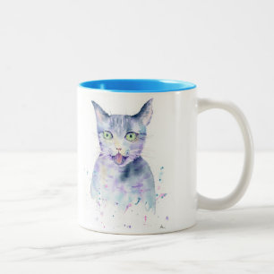 2 Couleurs Tasse heureuse de chat d'aquarelle