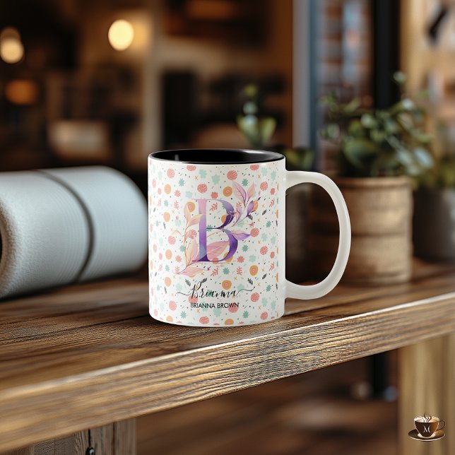2 Couleurs Tasse personnalisée avec monogramme floral bohème  (Créateur téléchargé)