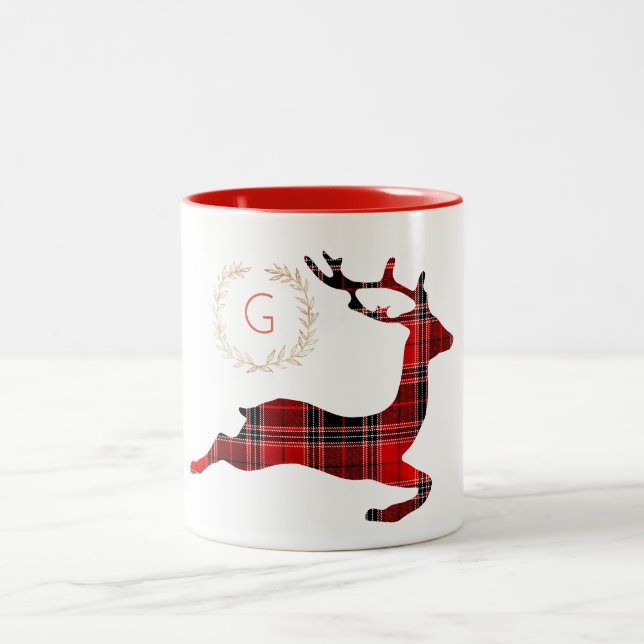 2 Couleurs Tasse rouge de monogramme de renne de plaid (Centre)