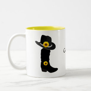 2 Couleurs Tournesols, Cowgirl Chapeau Noir & Boot Tasse Deux