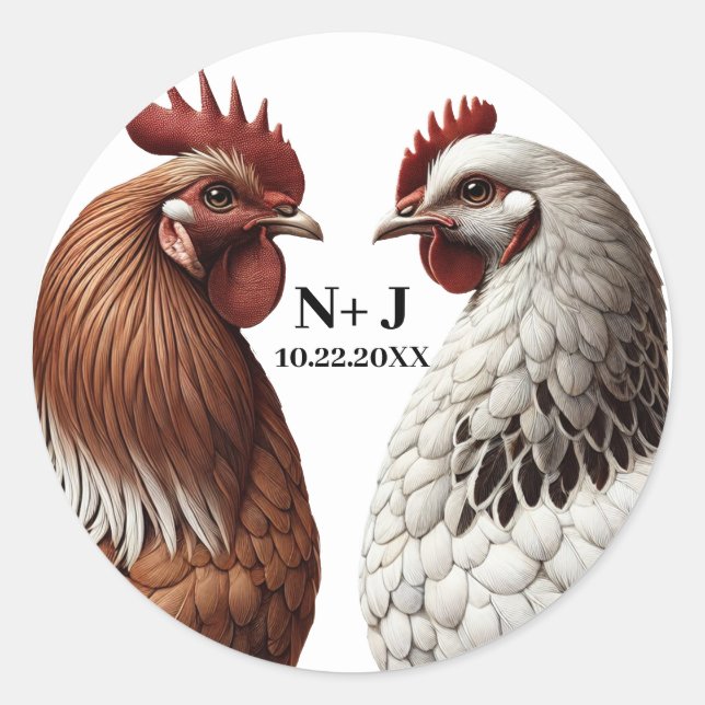 2 Country Chickens Farm Barnyard Hochzeit Runder Aufkleber (Vorderseite)