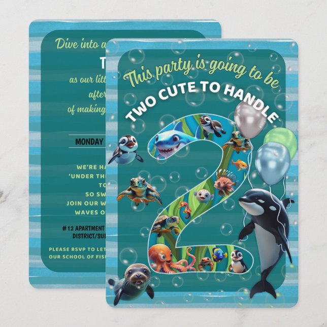 2 Cute 2 Handle Rounded Corner Birthday Invitation Einladung (Vorne/Hinten)