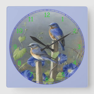 2 Cute Blue Birds on Posts Quadratische Wanduhr