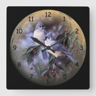 2 Cute Blue Jays on a Branch of Berries Quadratische Wanduhr