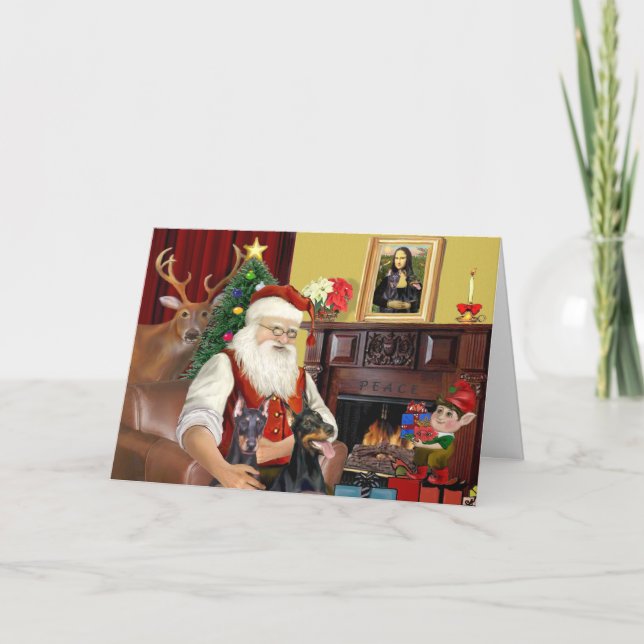 2 Doberman Pinschers vom Weihnachtsmann Feiertagskarte (Vorderseite)
