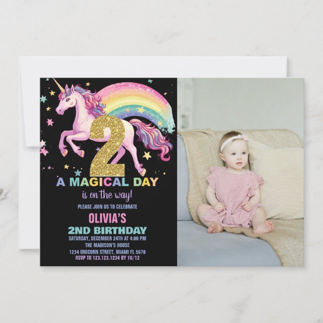 2. Einhorn Geburtstag Einladungen Schwarzes Foto (Vorderseite)