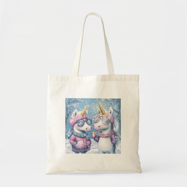 2 Einhorn im Schnee-Outfit Tragetasche (Vorne)
