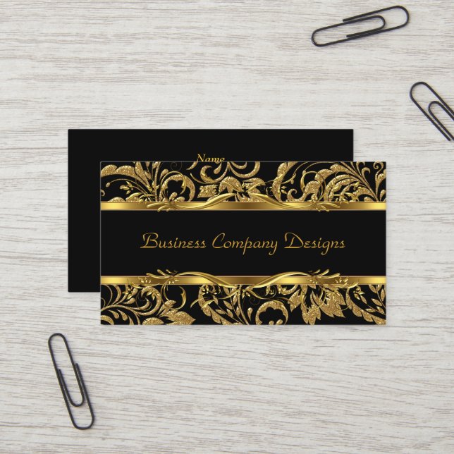2 Eleganter, klassischer Gold Black Damask Embosse Visitenkarte (Vorderseite/Rückseite Beispiel)