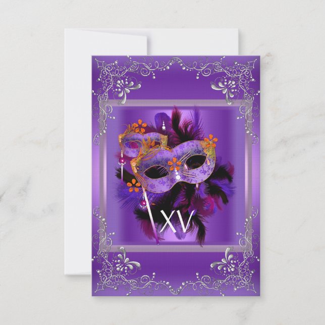 2 Empfang Quinceanera Masquerade Maske Lila Einladung (Vorderseite)