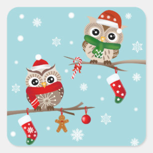 2 Eulen auf Weihnachten verzweigt sich Aufkleber