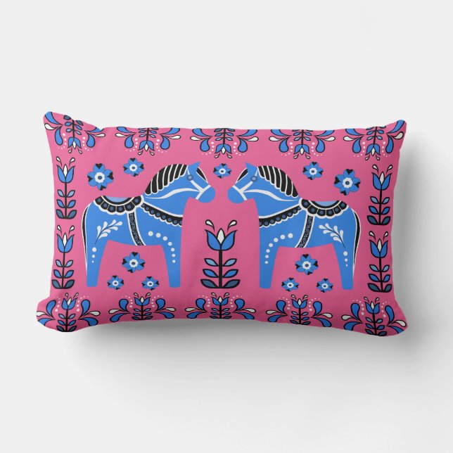 2 Folk Dala Pferd/Folk blühend, weiß/pink/blau Lendenkissen (Vorderseite)
