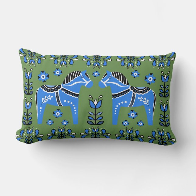 2 Folk Dala Pferd/Folk Blumen, weiß/grün/blau Lendenkissen (Vorderseite)