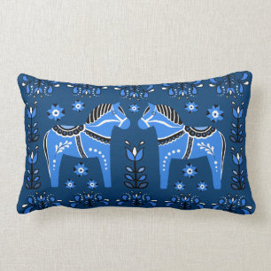 2 Folk Dala Pferd/Folk floral, weiß/blau/dk blau  Lendenkissen