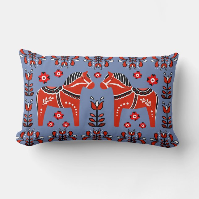 2 Folk Dala Pferd/Folk floral, weiß/blau/rot Lendenkissen (Vorderseite)