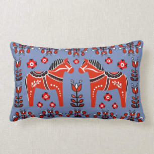 2 Folk Dala Pferd/Folk floral, weiß/blau/rot Lendenkissen
